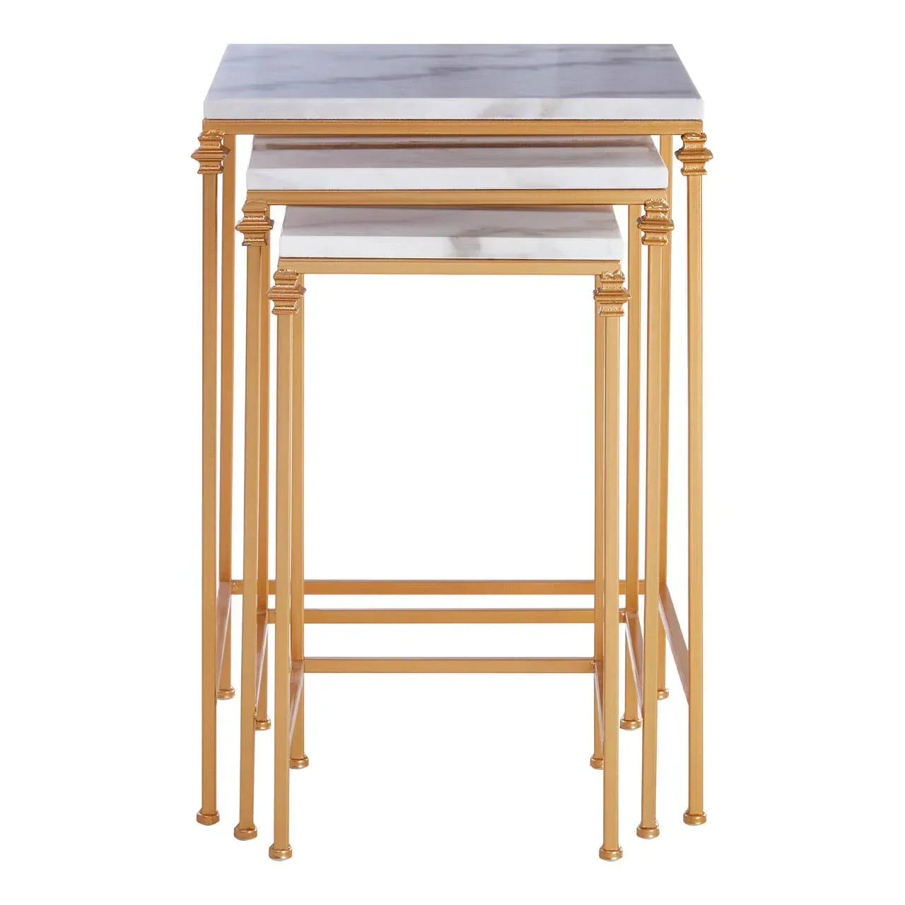 Marble top nesting tables with gold metal frames, front view, stacked together