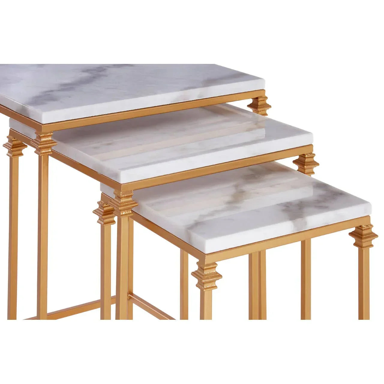 Set of three nesting tables with white marble tops and gold metal frames