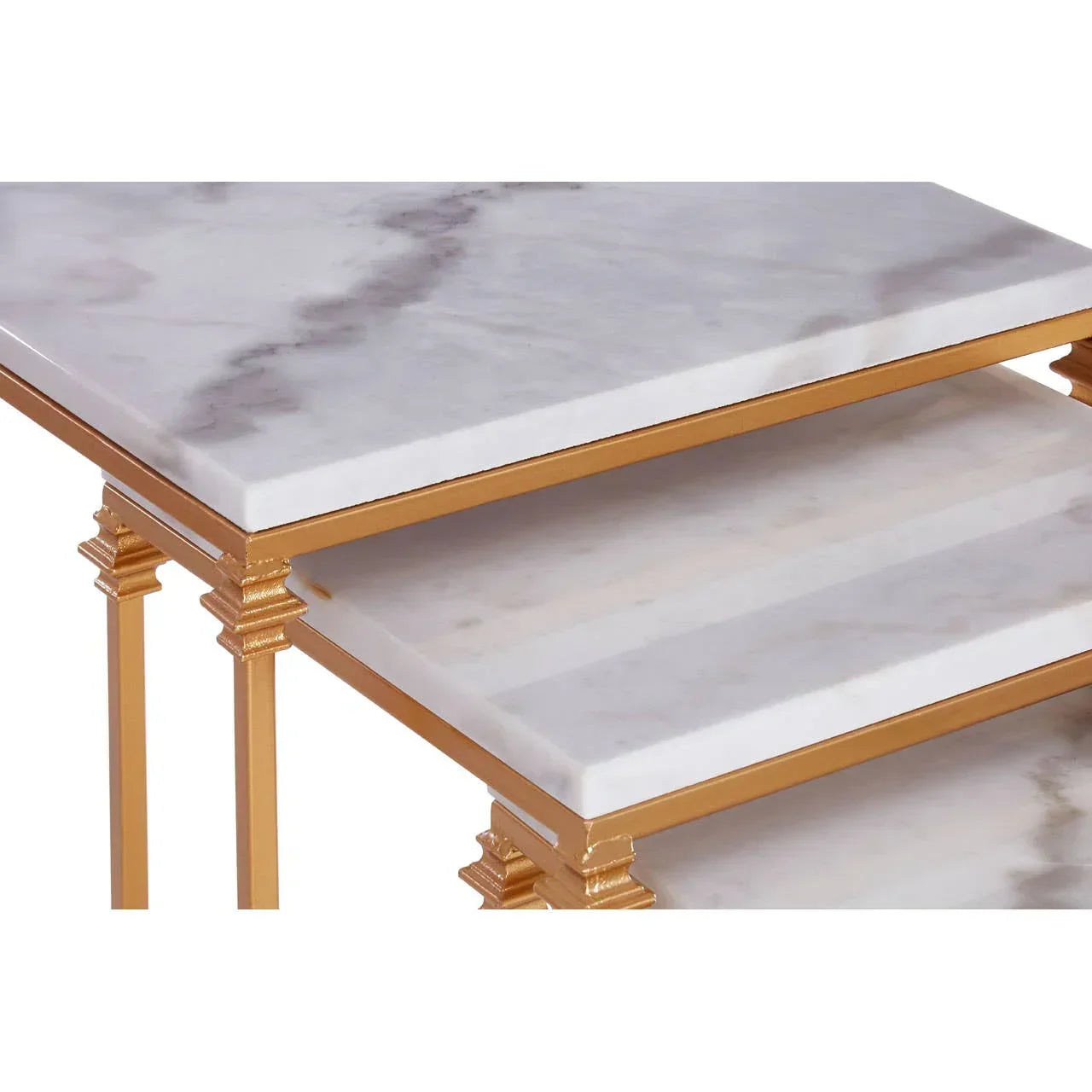 Marble and gold metal nesting tables with rectangular tops, close-up side view