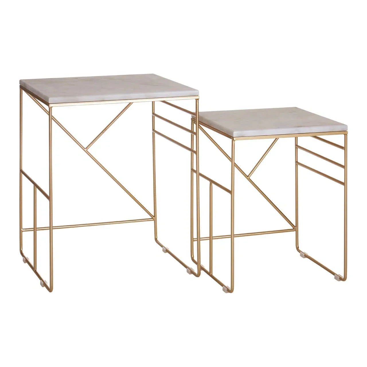 Set of two marble top nesting tables with gold metal frames
