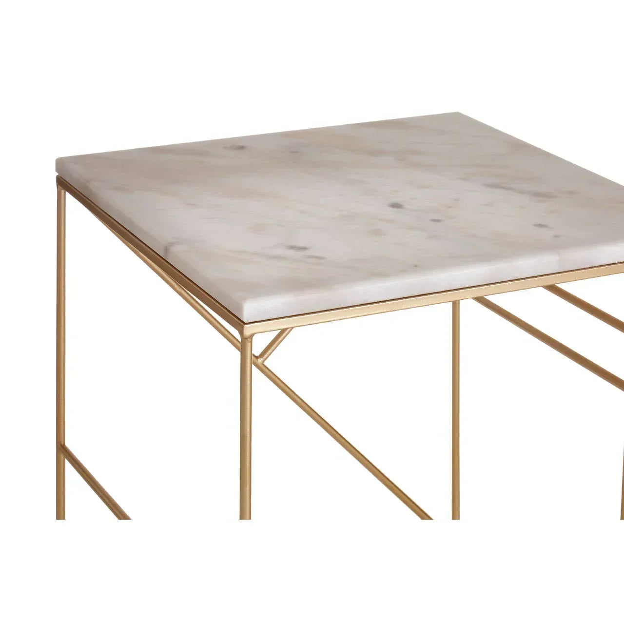 Square marble top side table with gold metal frame, close corner view