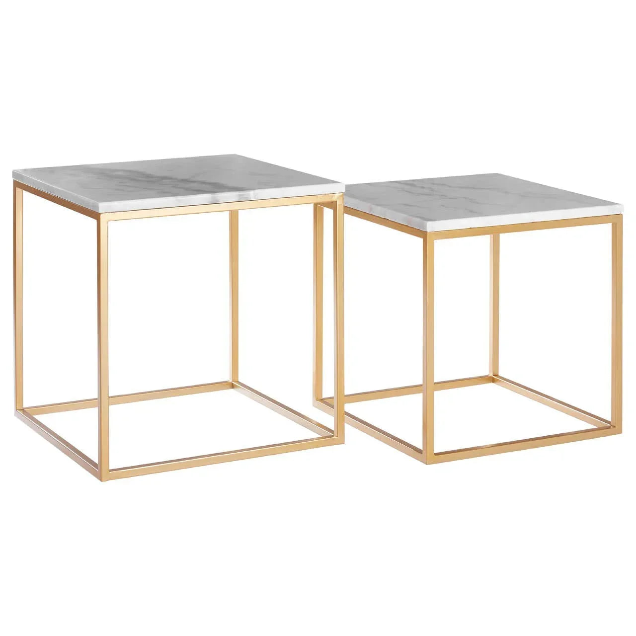 Set of two square marble top side tables with gold metal frames