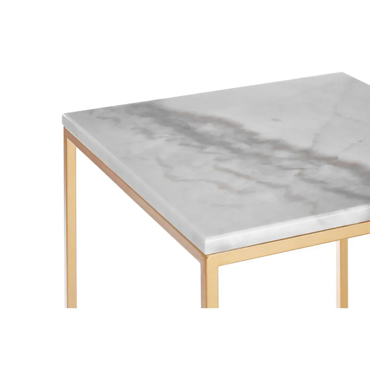 Marble top side table with gold metal frame, corner detail view