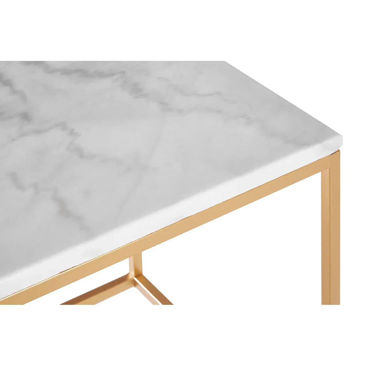 White marble top coffee table with gold metal frame, corner angle closeup