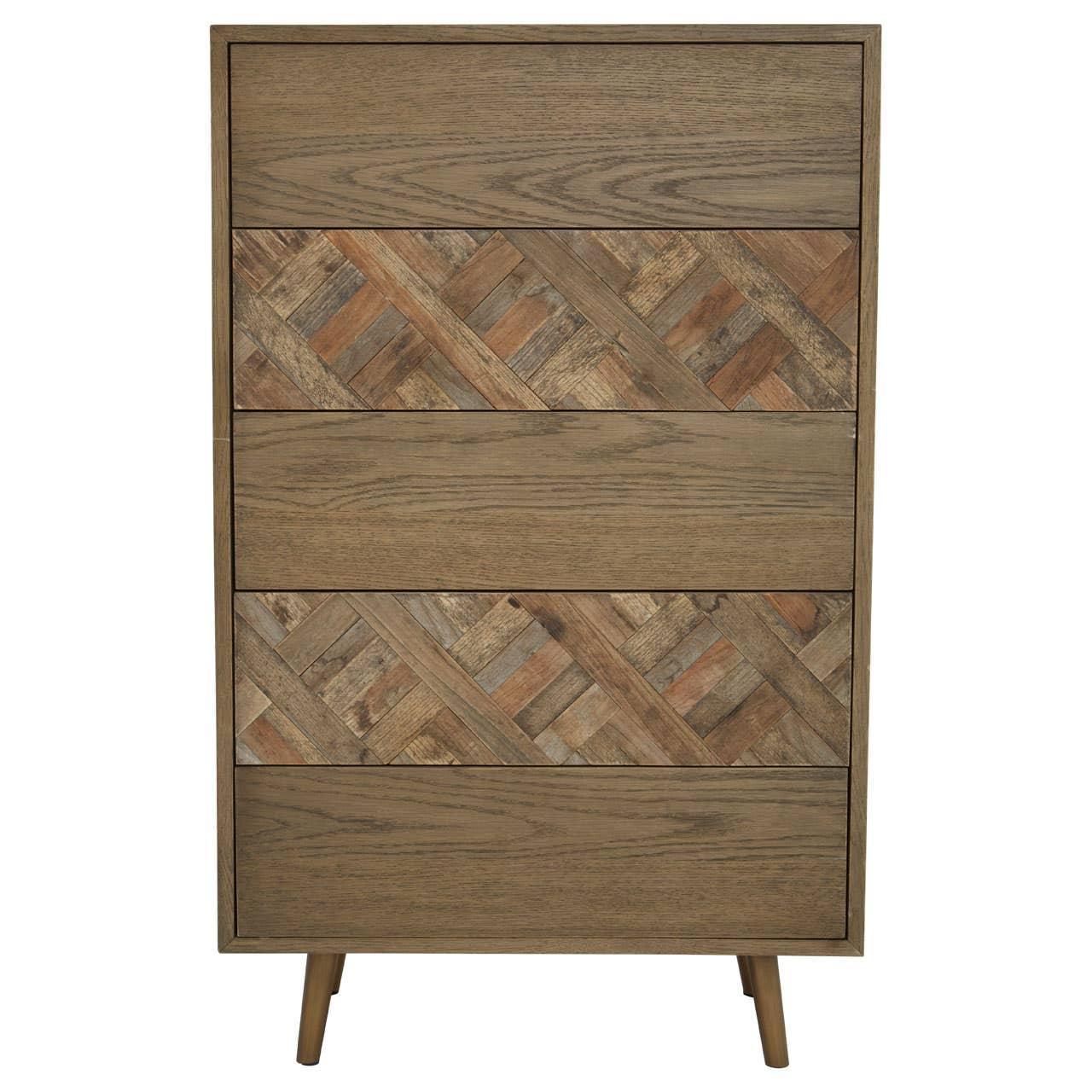 Wooden chest of drawers with geometric panel detail and mid-century legs