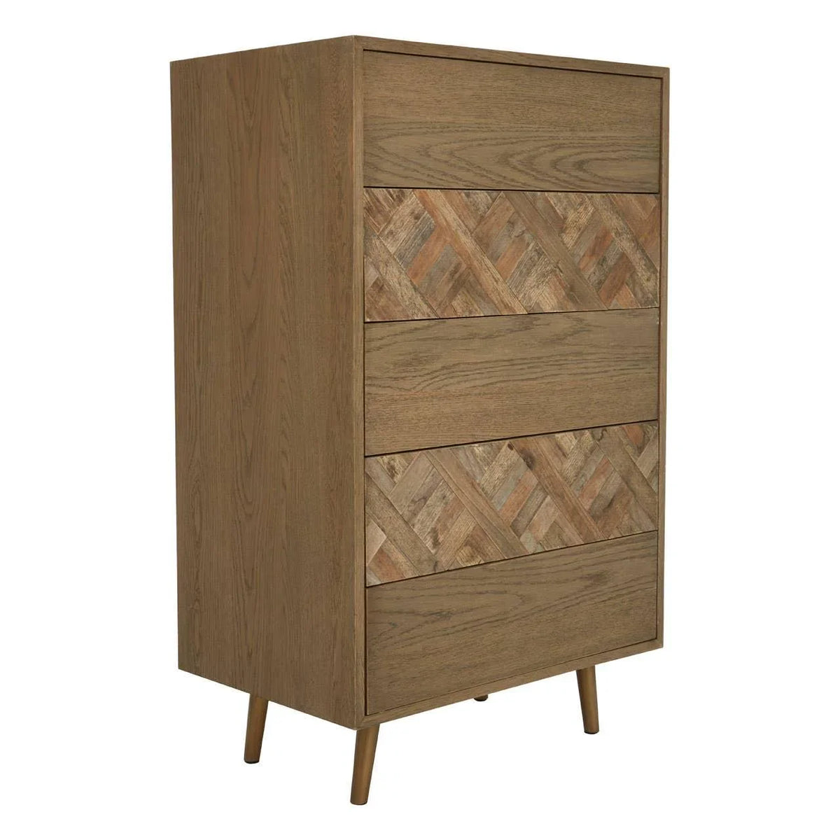 Tall wooden chest of drawers with oak finish and herringbone pattern on front panels
