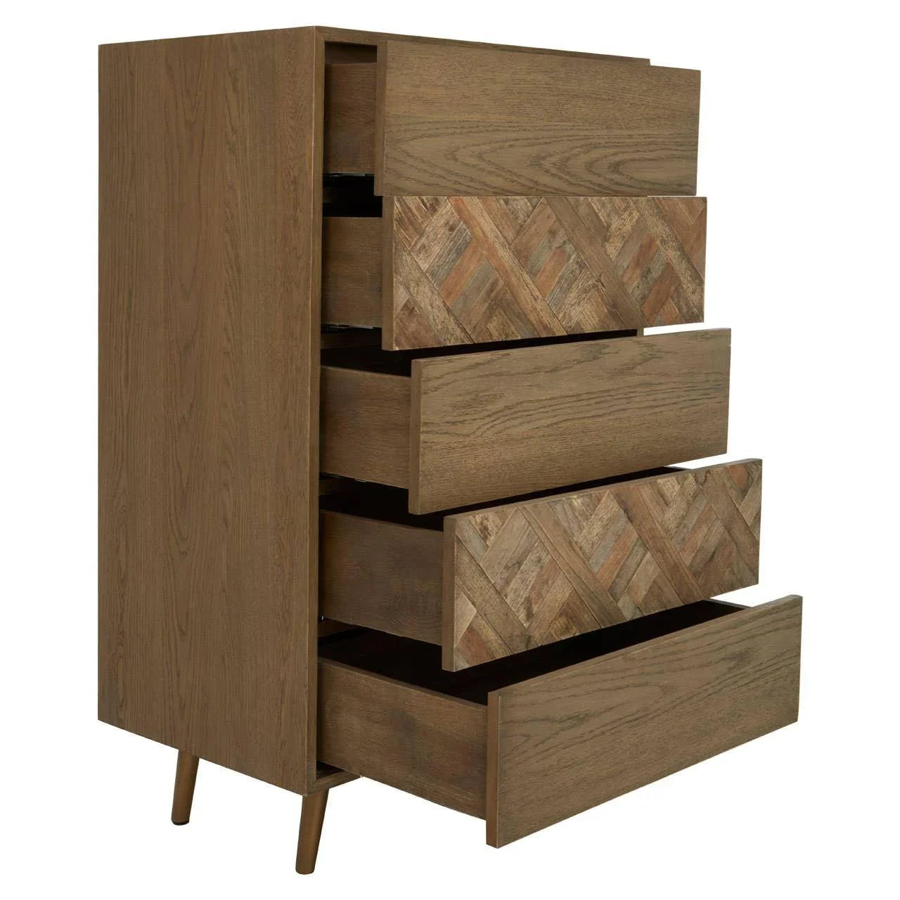 Wooden chest of drawers with chevron pattern front, four drawers open, angled legs