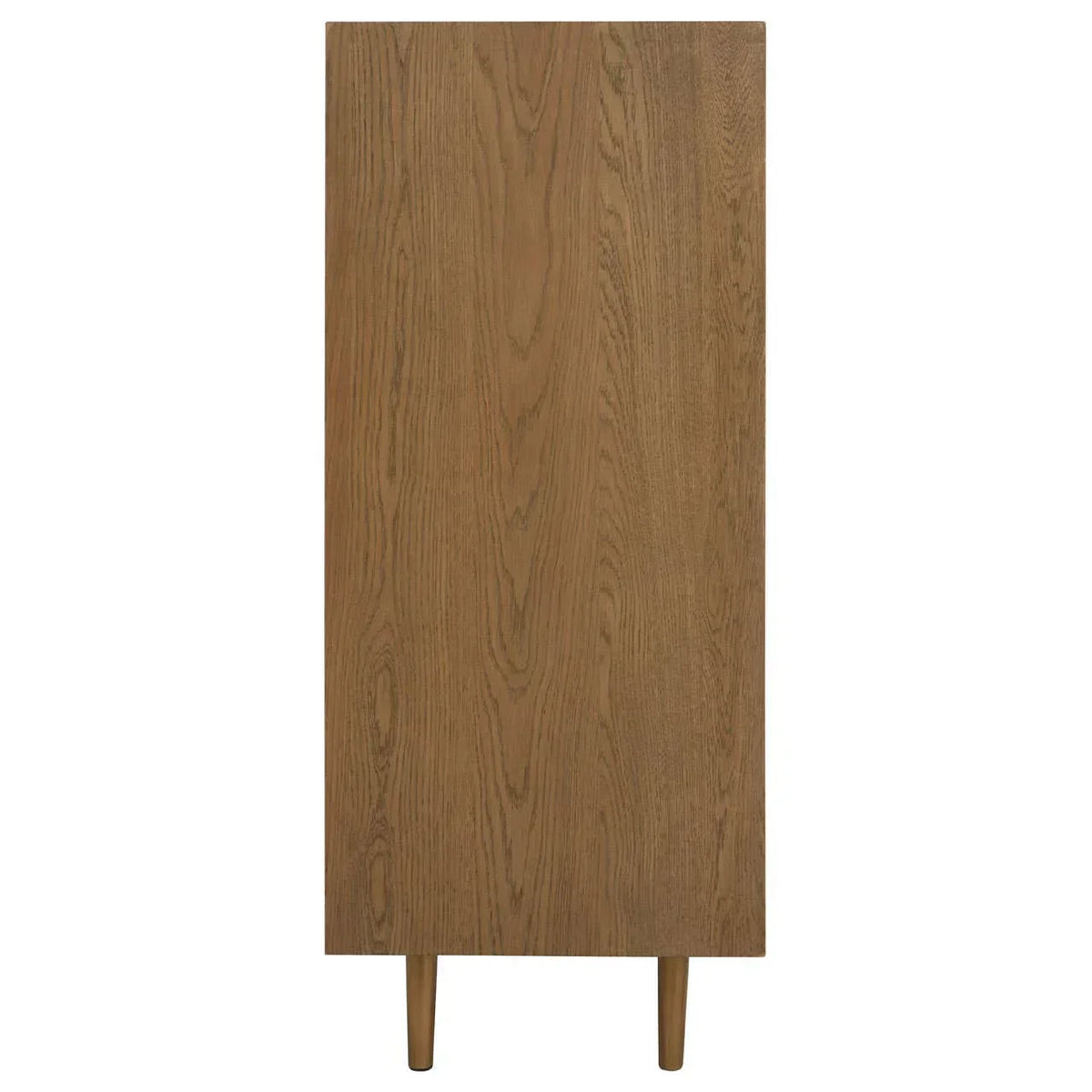 oak wood cabinet side view with natural finish and tapered legs