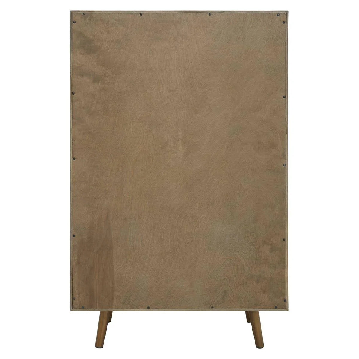 Back view of wooden cabinet with tapered legs and visible panel screws