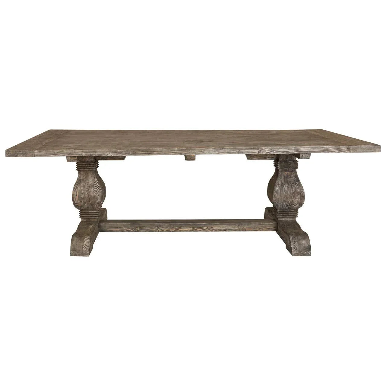Rectangular wooden dining table with carved pedestal legs and dark distressed finish