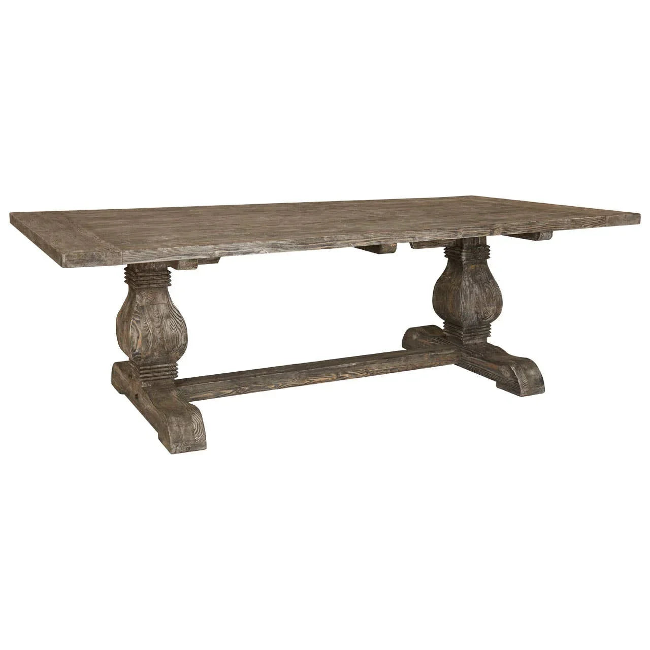 Rustic wooden dining table with rectangular top and carved pedestal base