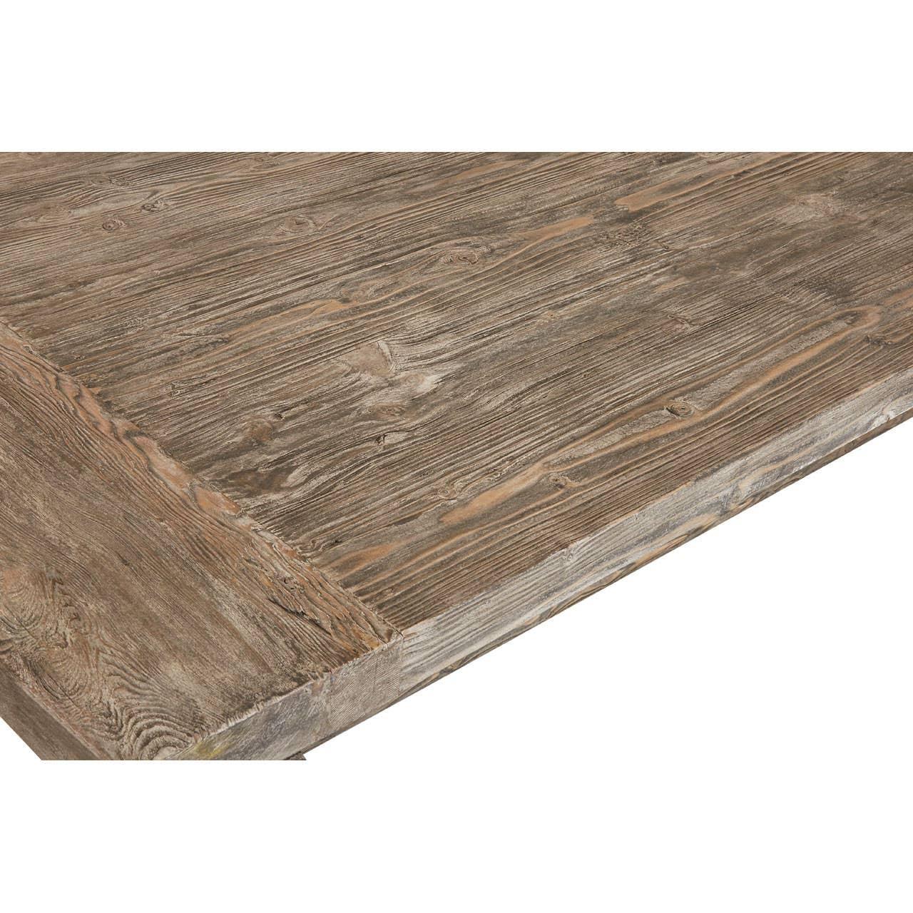 Rustic wood dining table top showing natural grain and textured finish