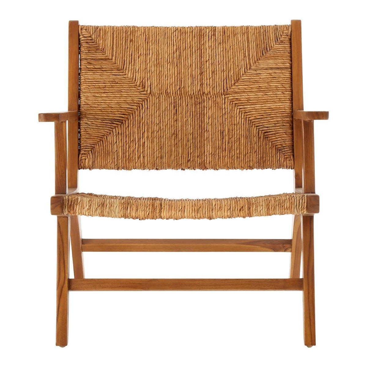 Front view of wooden accent chair with woven rattan seat and backrest