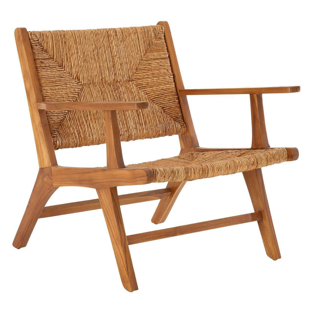 Wooden armchair with woven rattan seat and backrest in natural finish, angled view