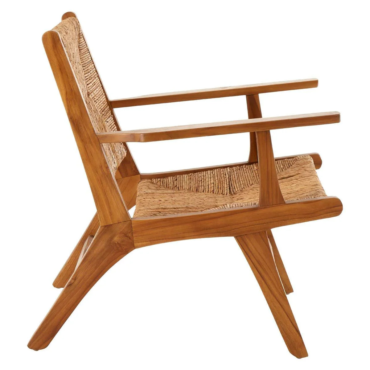 Side view of wooden accent chair with woven rattan seat and backrest
