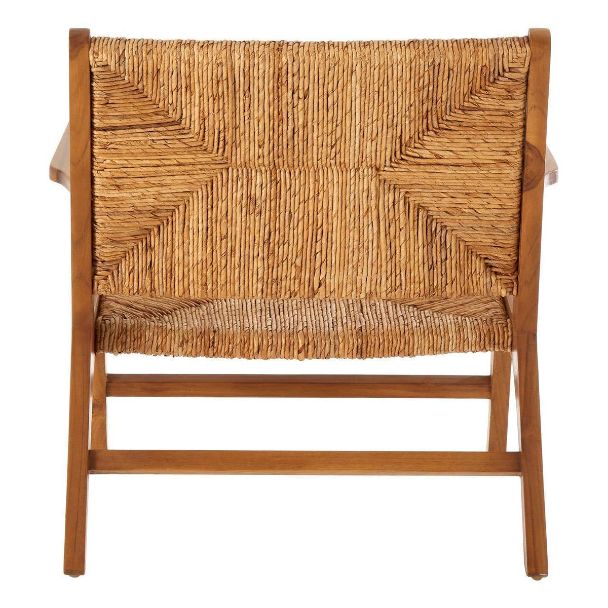 Rear view of woven rattan accent chair with wooden frame and angled legs