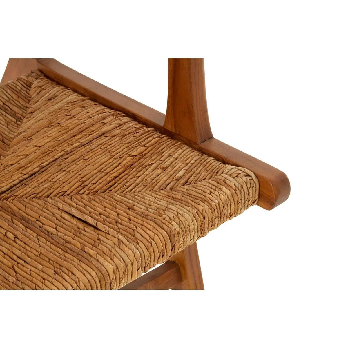 Closeup of woven rattan dining chair seat and wooden frame