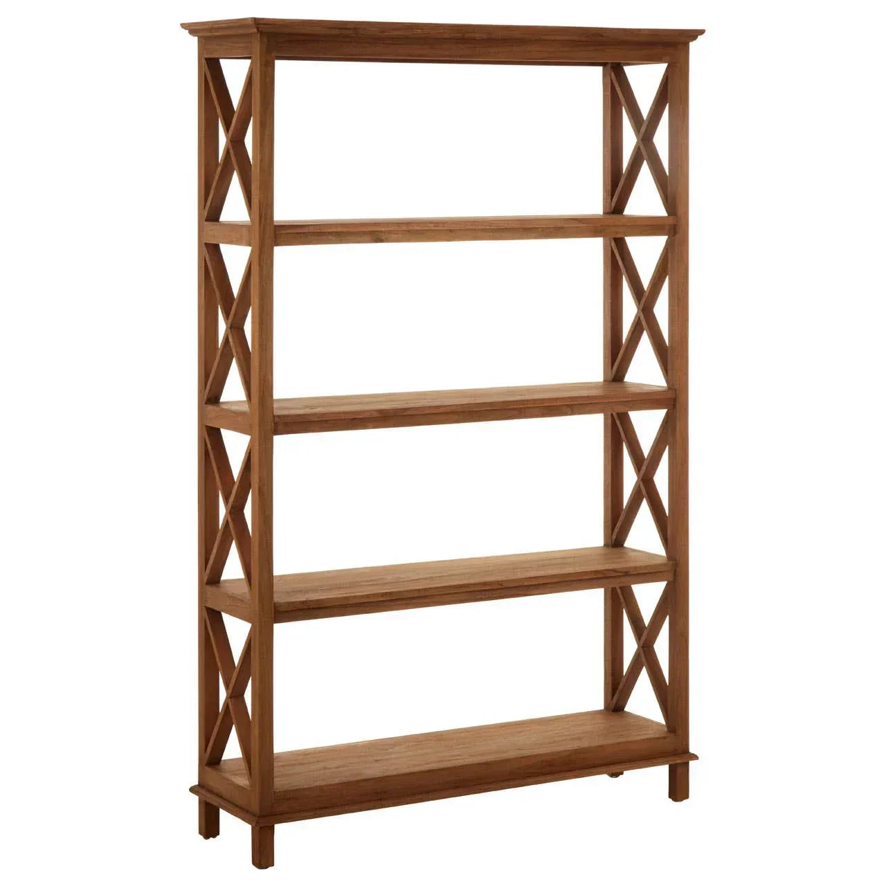 Wooden bookcase with four shelves and cross side design, angled front view