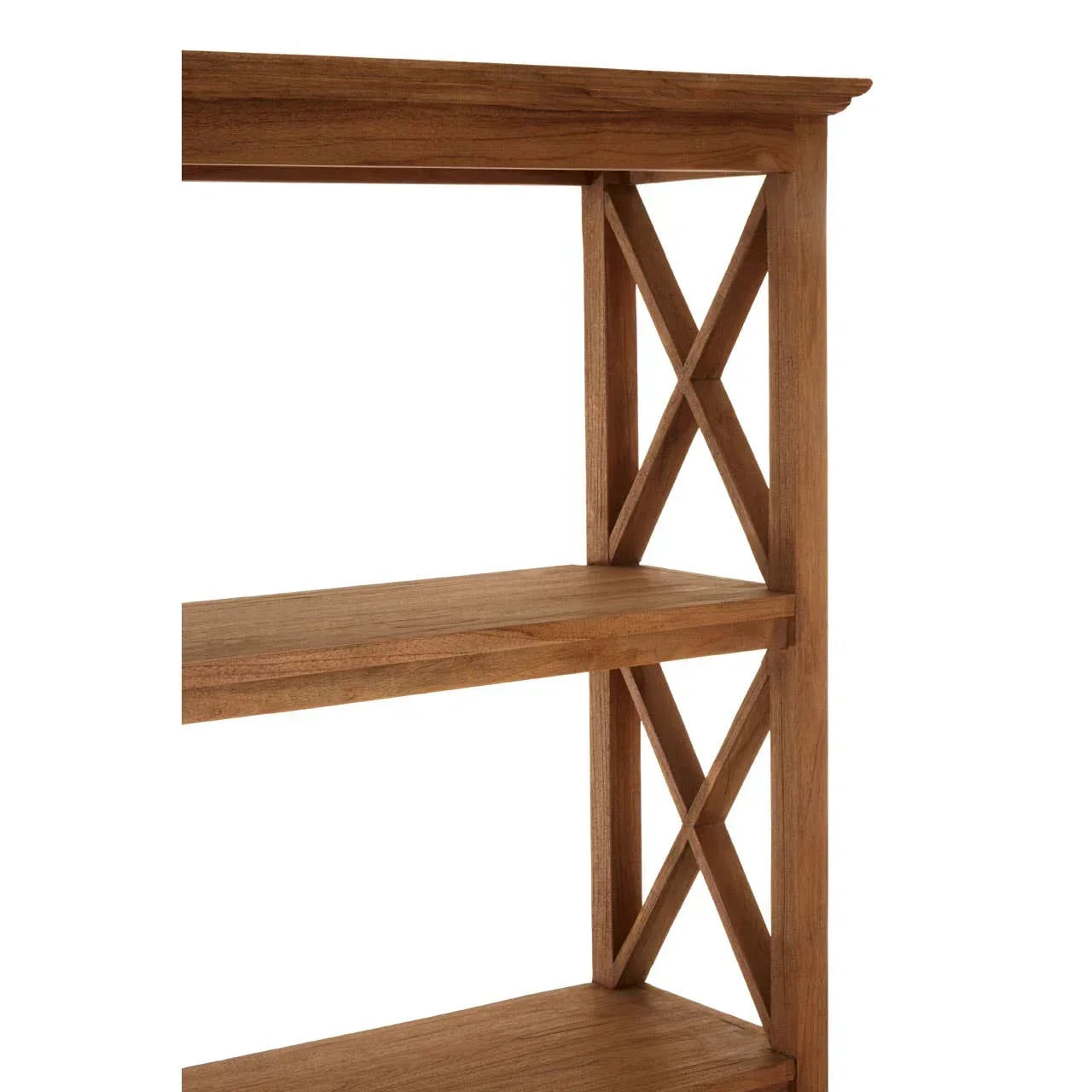 Wooden shelving unit with cross side detail and three open shelves, angled side view