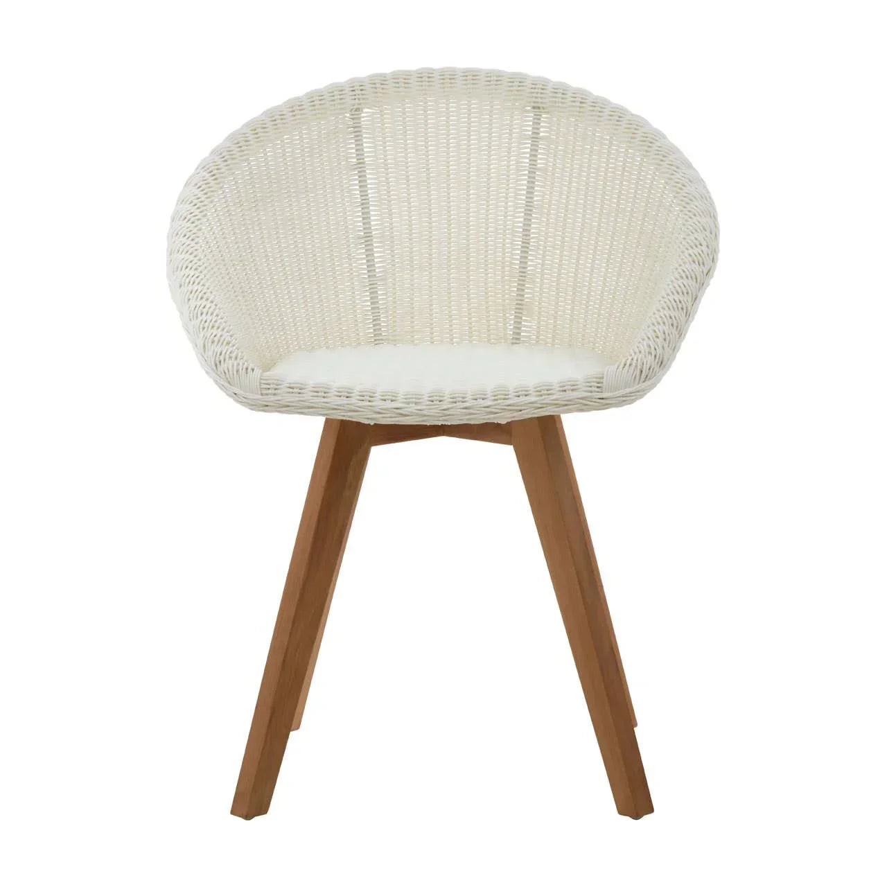 White rattan dining chair with cushioned seat and wooden legs, front view