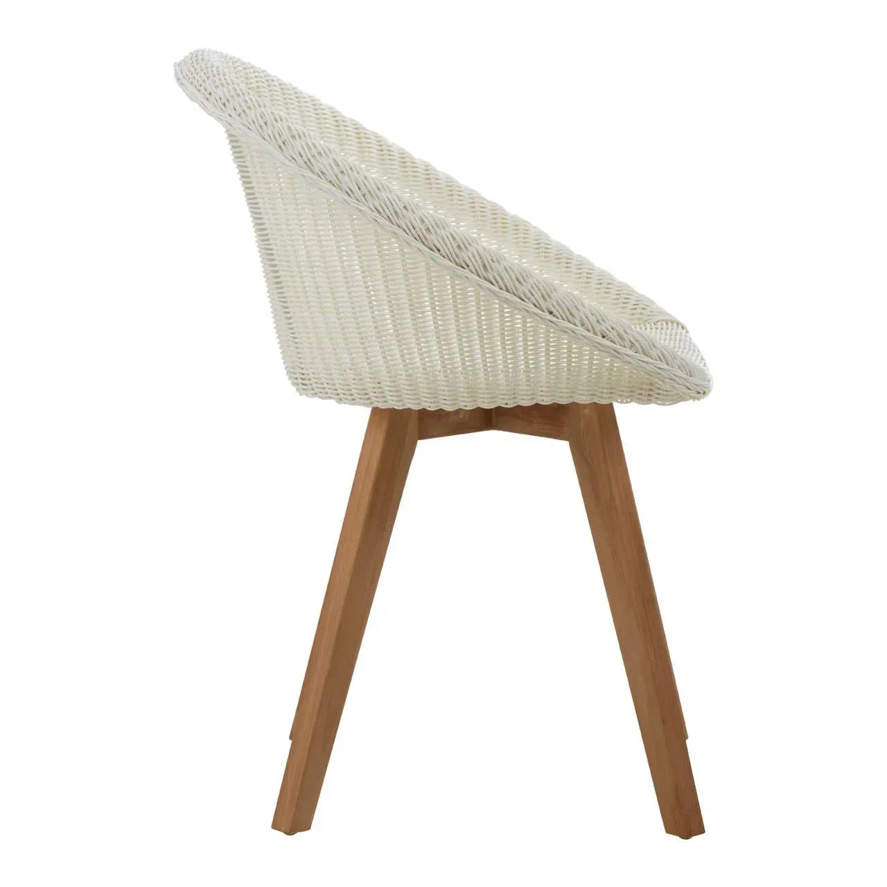 Side view of white rattan dining chair with wooden legs and curved backrest