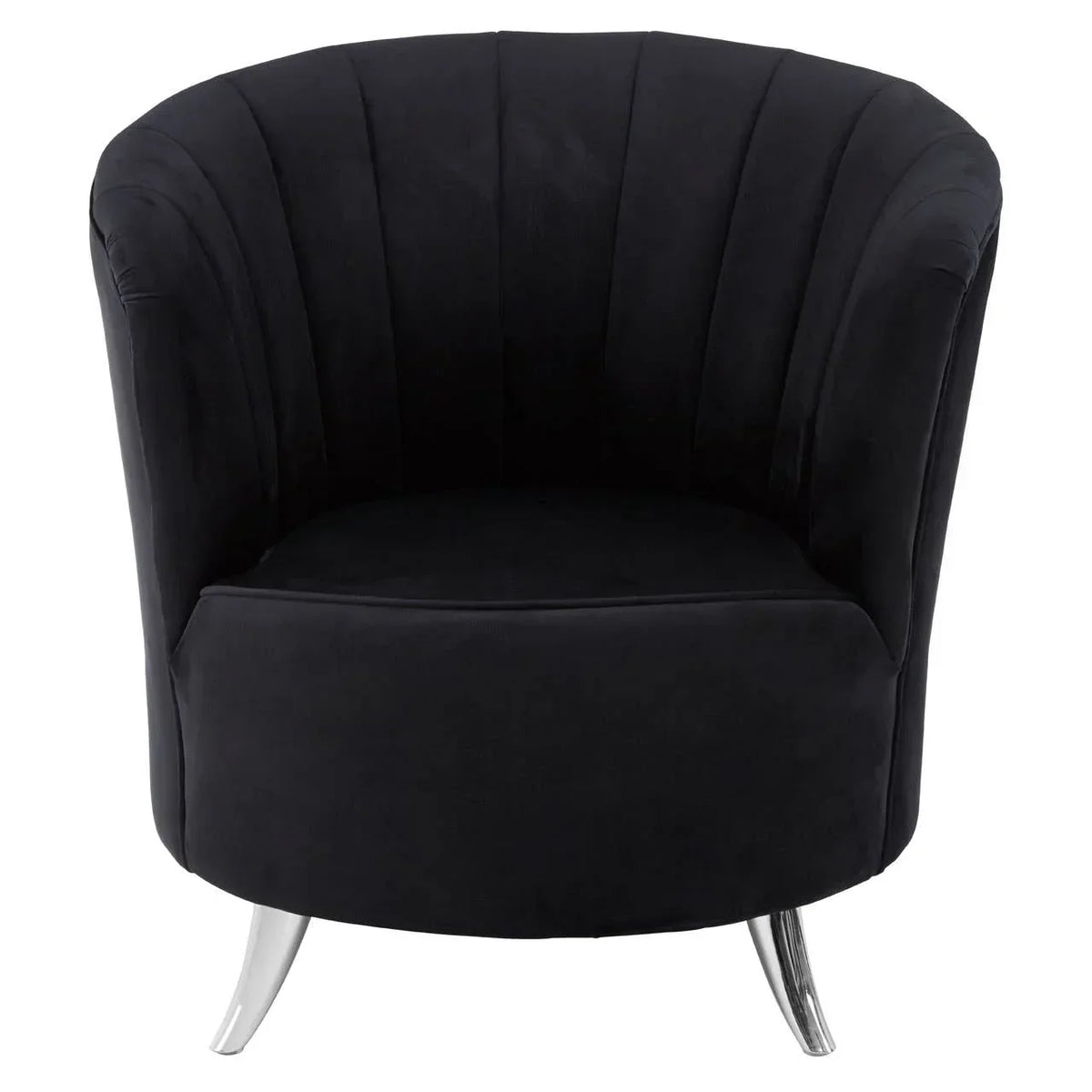 Black velvet accent chair with curved back and chrome legs, front view
