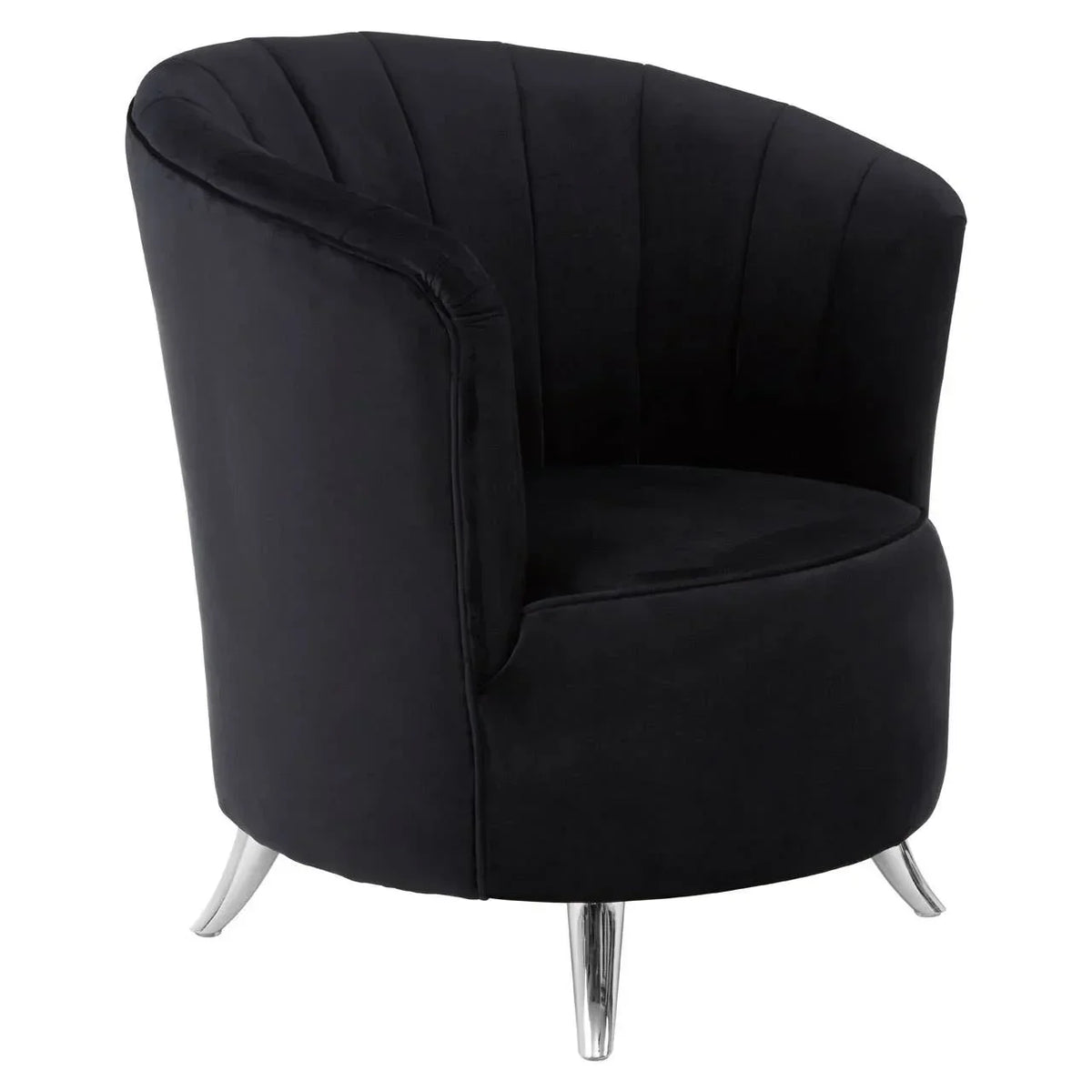 Black velvet accent chair with curved back and silver legs