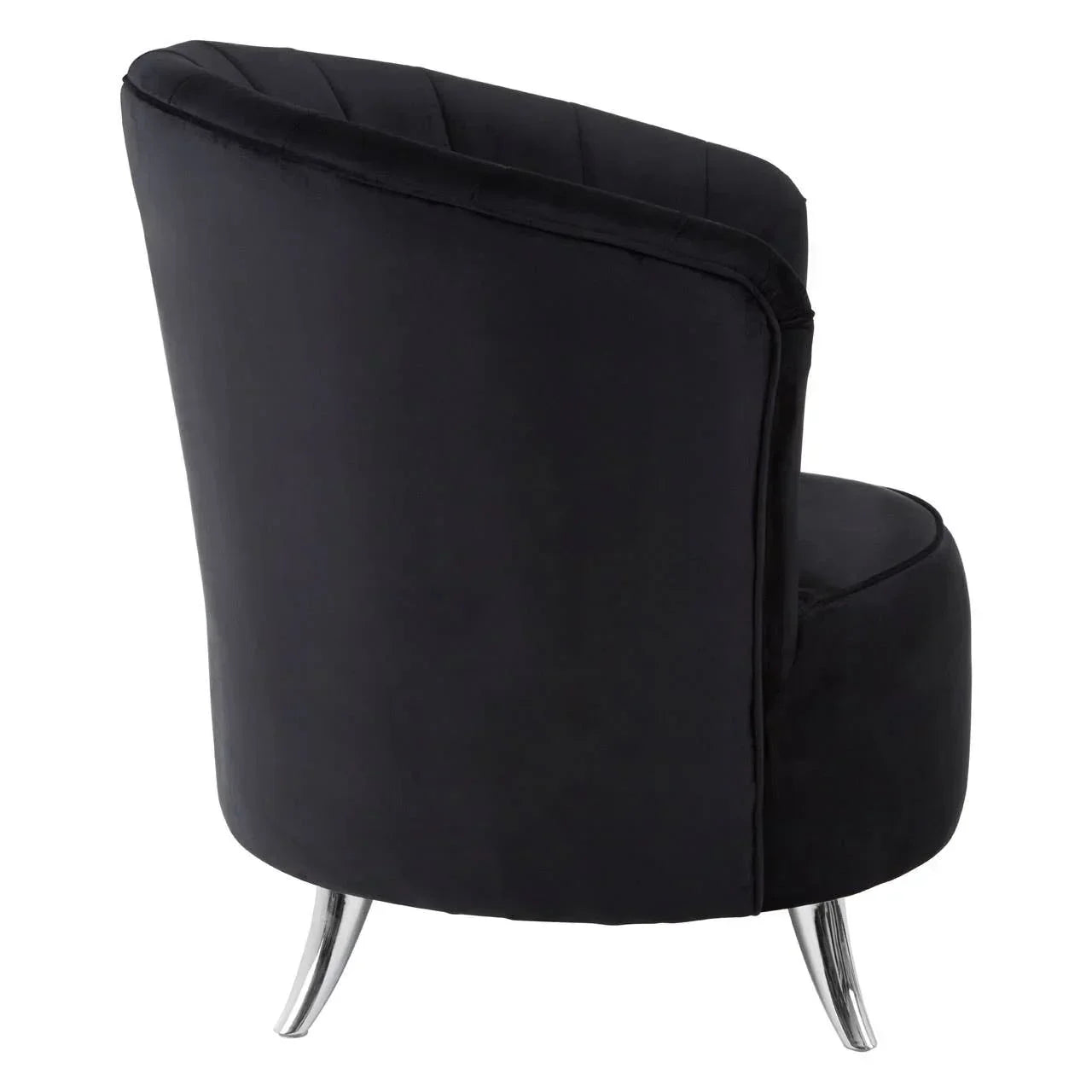 Black velvet accent chair with curved back and chrome legs, rear angle view