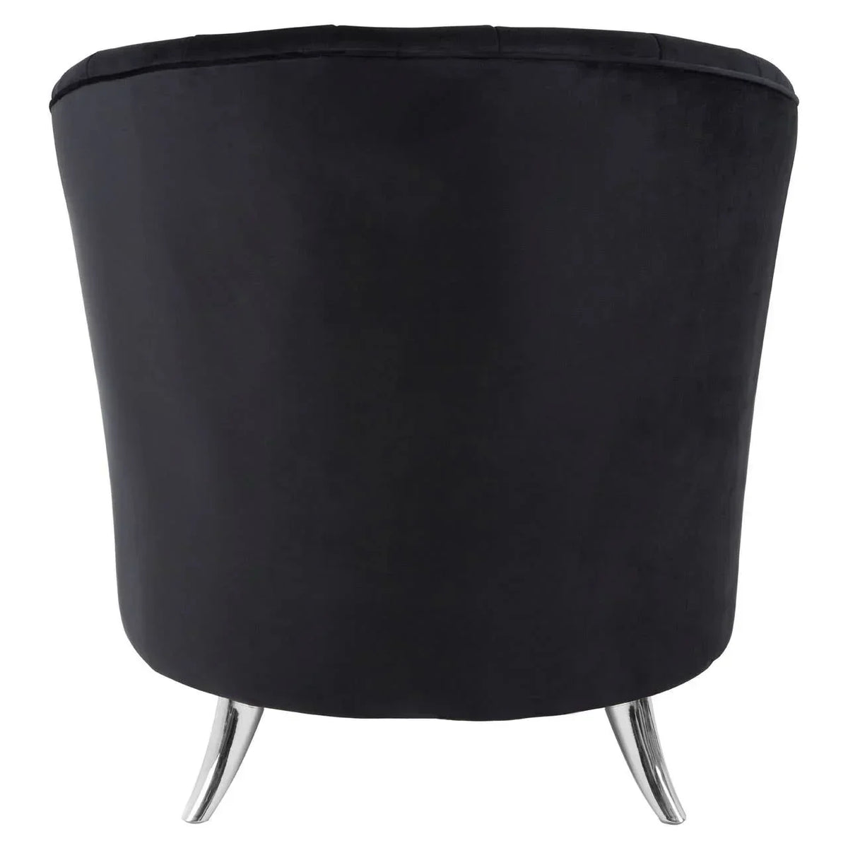 Black velvet accent chair rear view with chrome legs