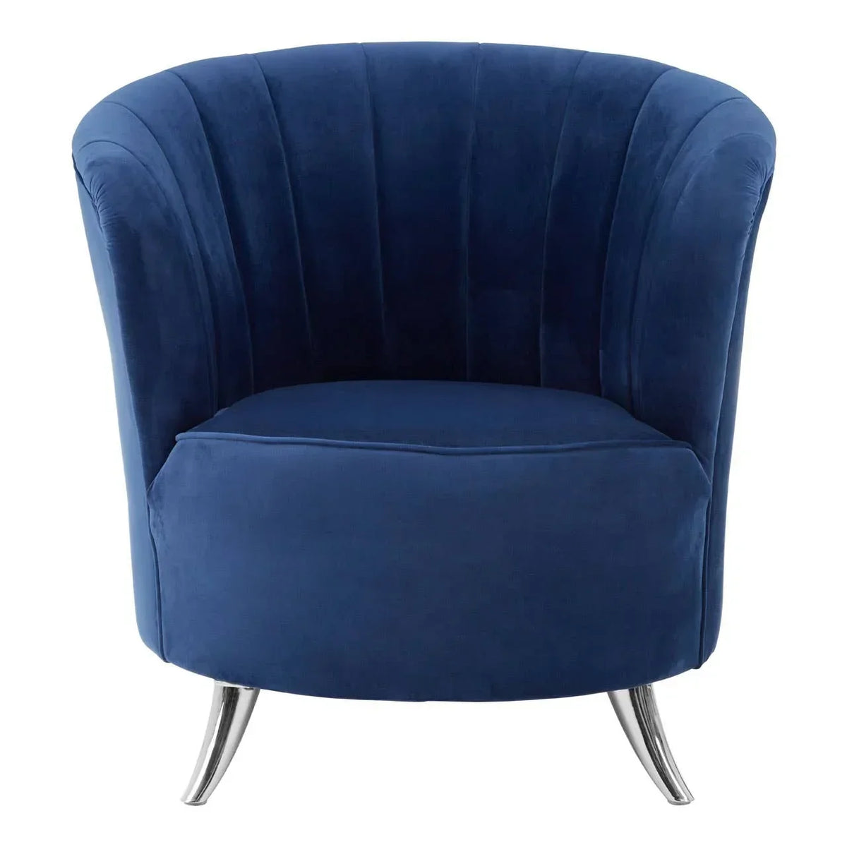 Navy blue velvet accent chair with curved backrest and chrome legs, front angle view