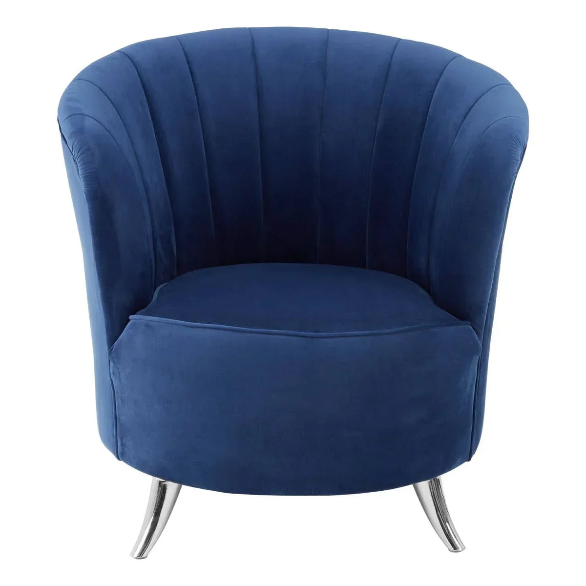 Navy blue velvet accent chair with curved back and chrome legs, front view
