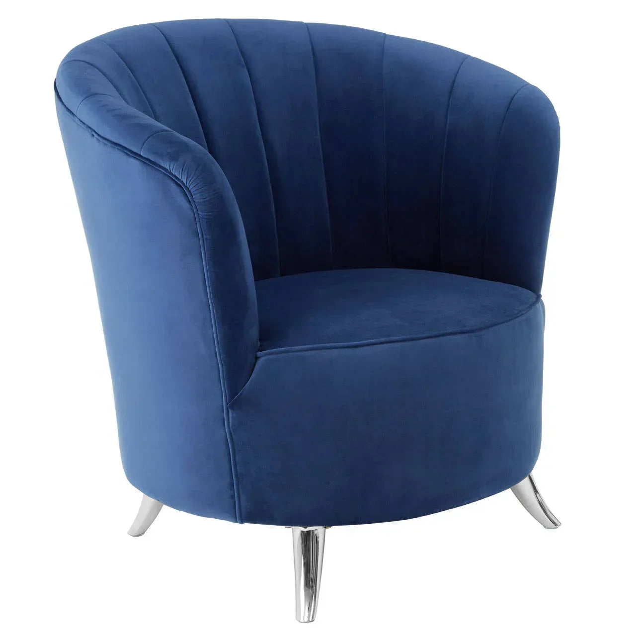 Blue velvet accent chair with curved back and chrome legs on white background