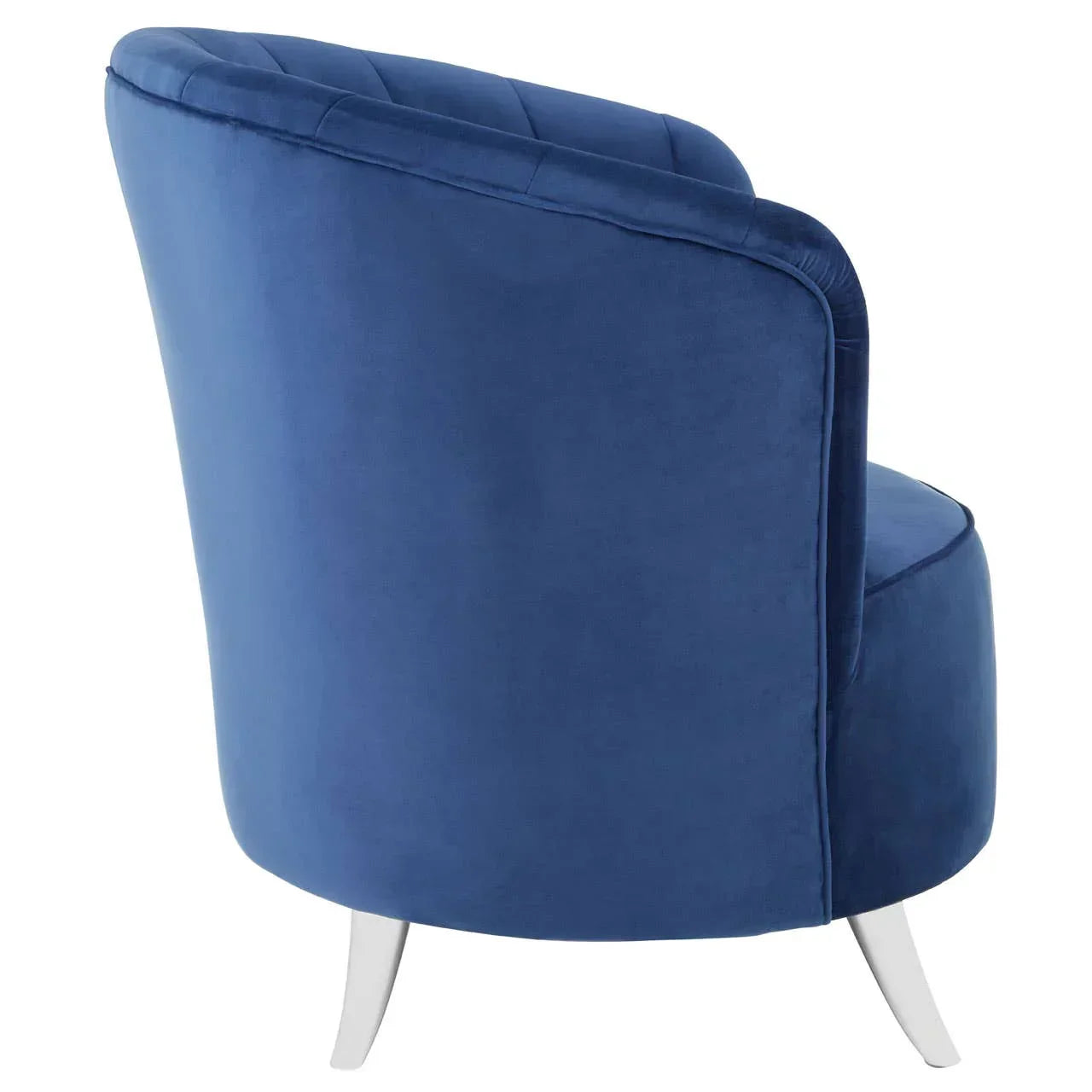 Back view of blue velvet accent chair with curved back and angled chrome legs