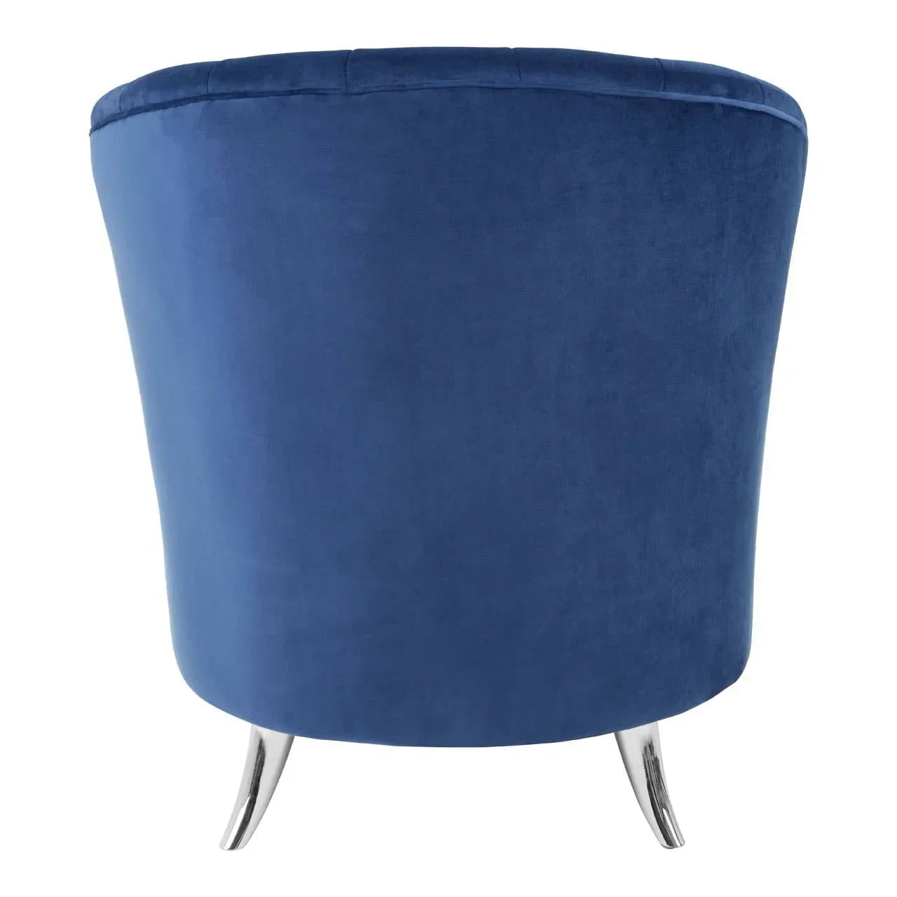 Blue velvet accent chair rear view with chrome legs