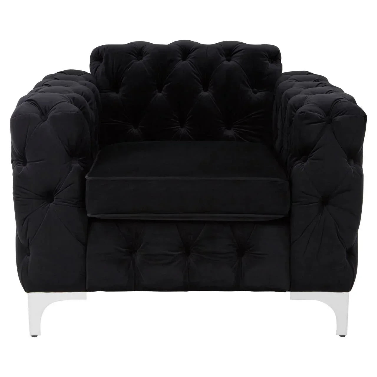 Black velvet armchair with tufted upholstery and silver legs, front view
