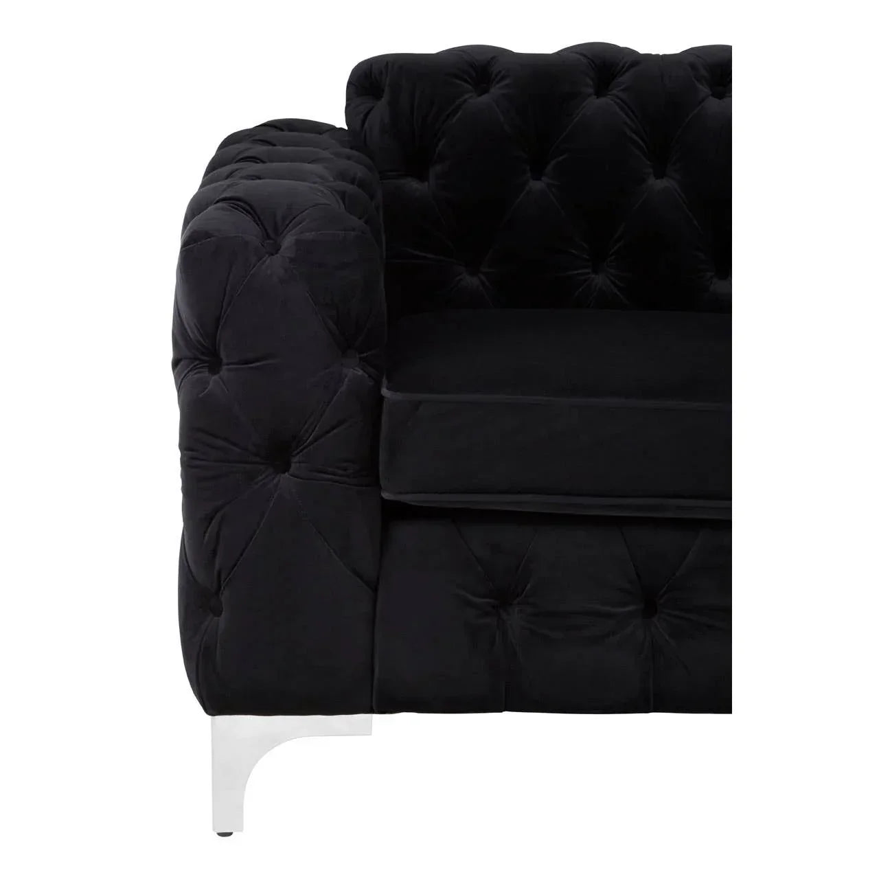 Black velvet tufted sofa corner with chrome leg and deep seat cushion