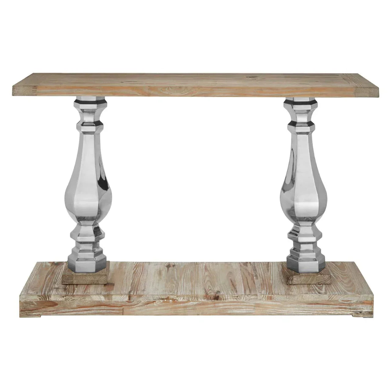 Wood console table with polished chrome pedestal legs, rustic top and base, front view