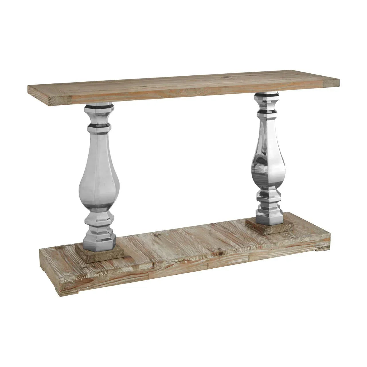 Wood console table with silver turned metal legs and lower shelf, rustic finish