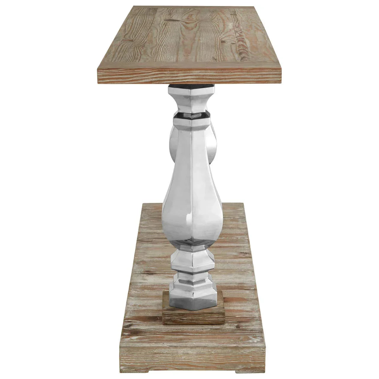 Wood dining table with polished chrome pedestal leg, straight-on angle
