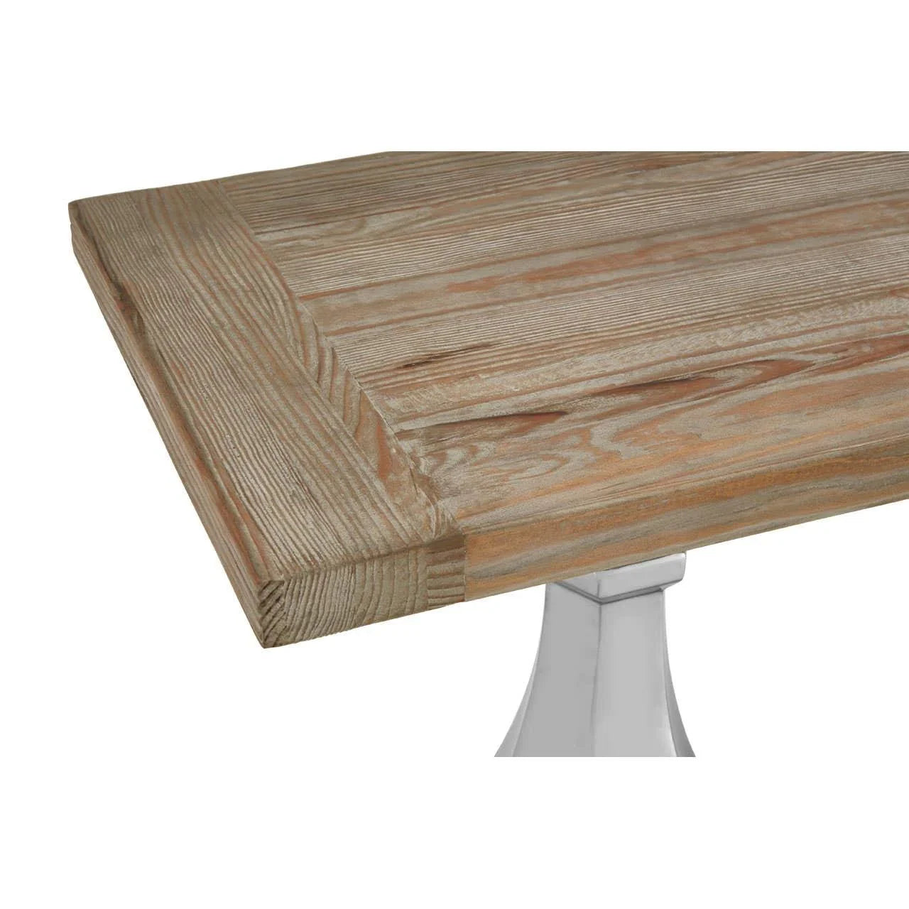Closeup of rectangular wooden dining table top with natural grain and silver pedestal base