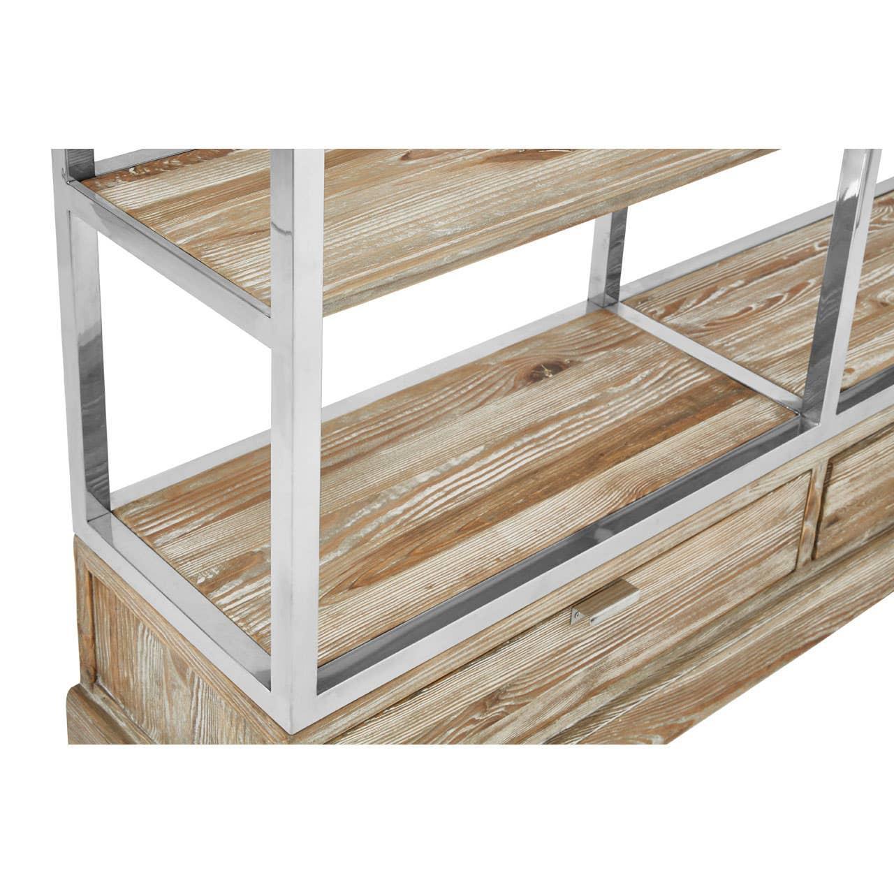 Industrial shelving unit with light wood shelves and metal frame, close-up of lower section
