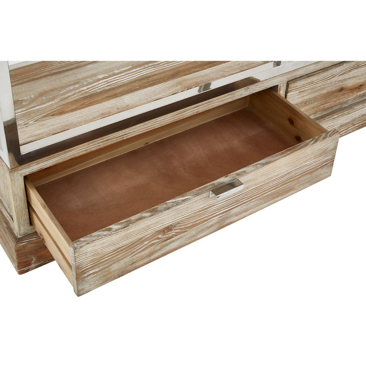 Wide wooden sideboard drawer open showing natural wood grain and metal handle