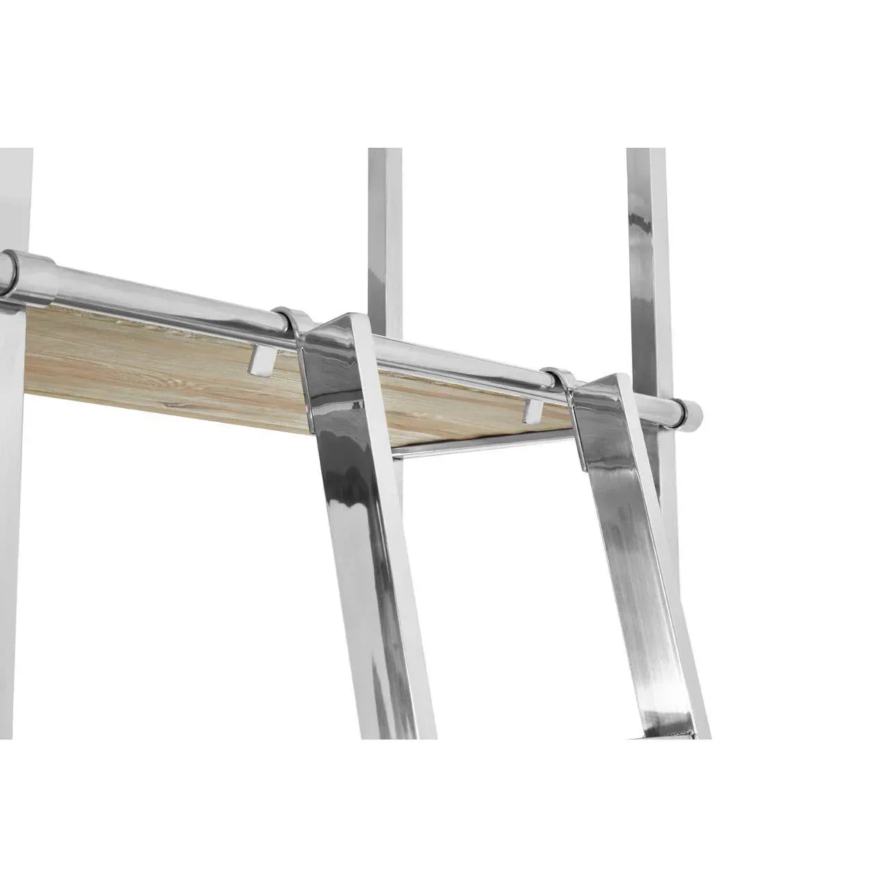Modern bookshelf detail with chrome frame and wood shelf, close-up of shelf support bars