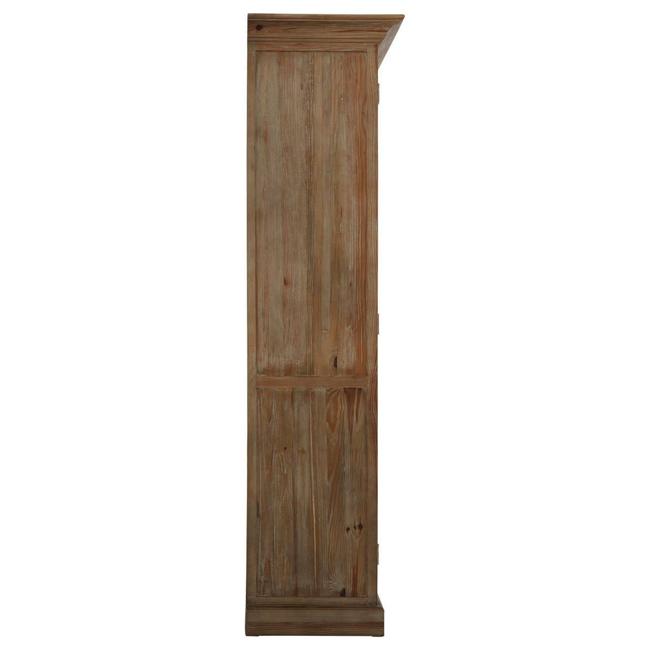 Tall, two-door cabinet made of white washed pine wood, featuring a simple design with a flat top and vertical paneling on the doors. The cabinet has a natural wood finish that highlights the grain and texture, suitable for home decor