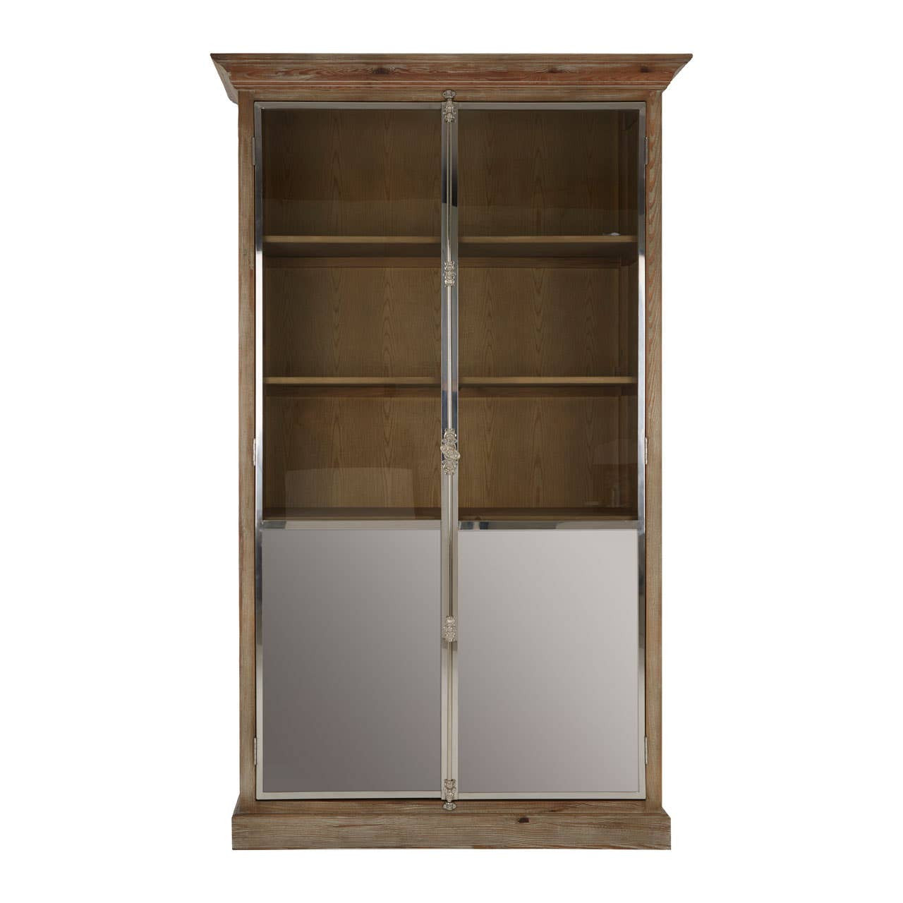 White washed pine wood cabinet with two mirrored doors and two shelves inside, featuring a classic design and a slightly distressed finish