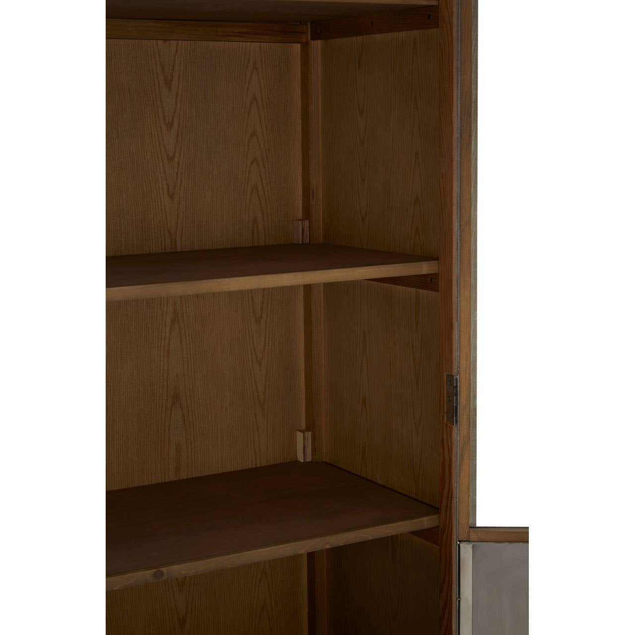 Two-door cabinet made of white washed pine wood, featuring a simple design with two shelves inside and a natural wood finish. The cabinet doors are closed, showcasing the smooth texture of the wood