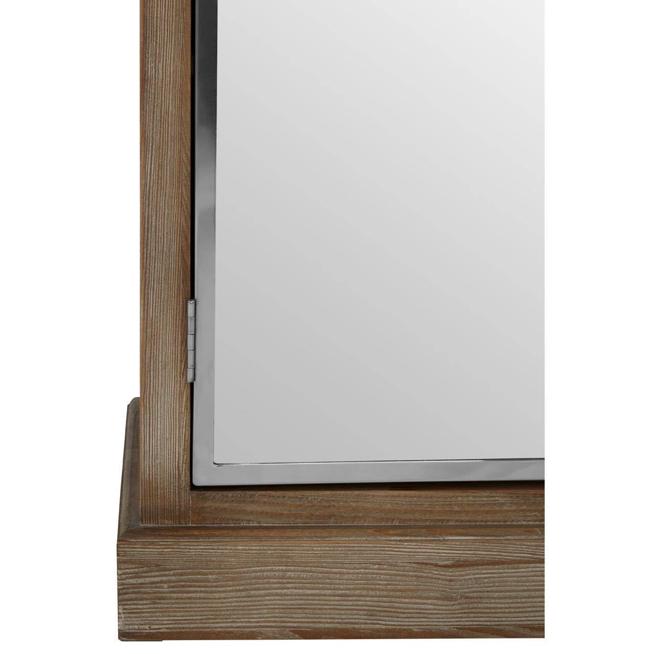 Close-up view of the corner of a white washed pine wood cabinet featuring two doors, showcasing the wood grain and a smooth finish. The cabinet has a sturdy base and a minimalist design, emphasizing a natural aesthetic