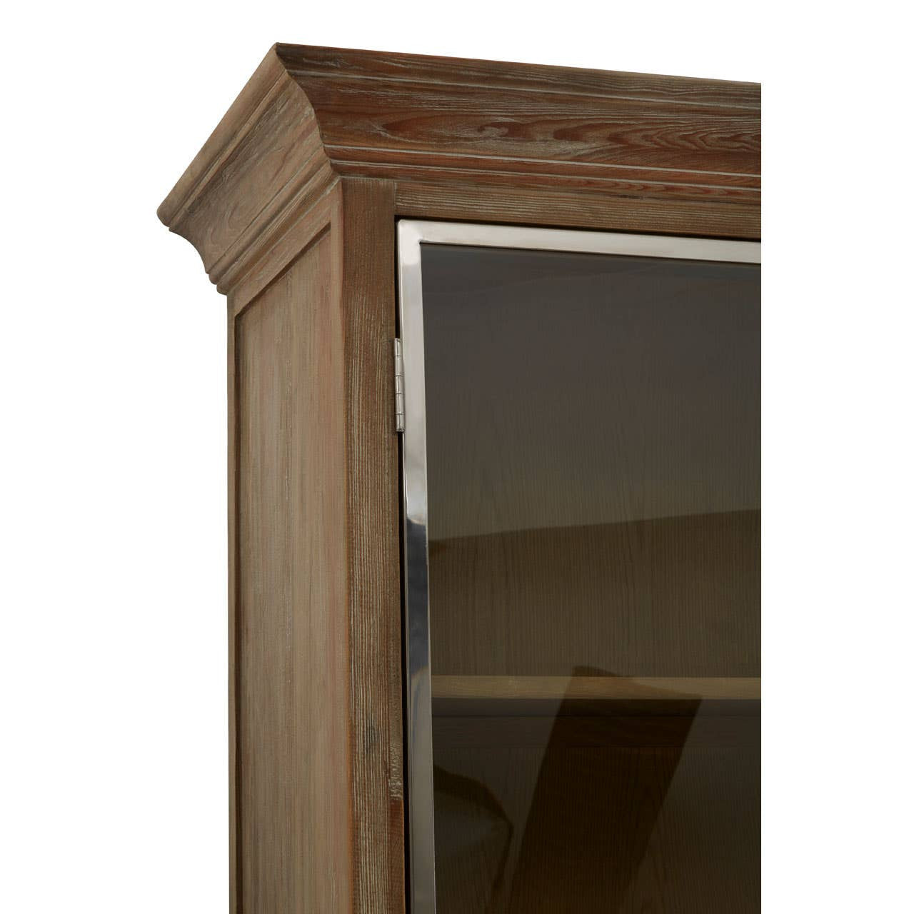 Close-up view of the Richmond White Washed Pine Wood 2 Door Cabinet, showcasing the top edge and one of the glass doors. The cabinet features a light, weathered finish with a natural wood grain texture, highlighting its rustic charm. The glass door is framed in wood, allowing visibility of the interior shelves