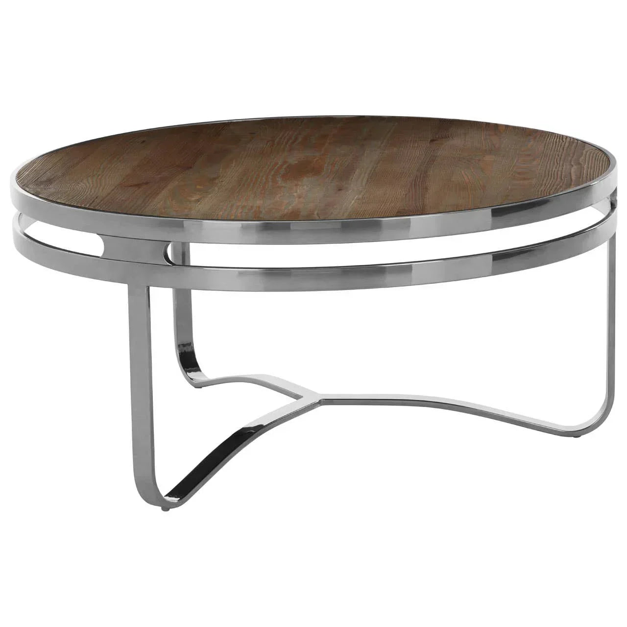 Round coffee table with wood top and chrome metal frame, modern living room furniture
