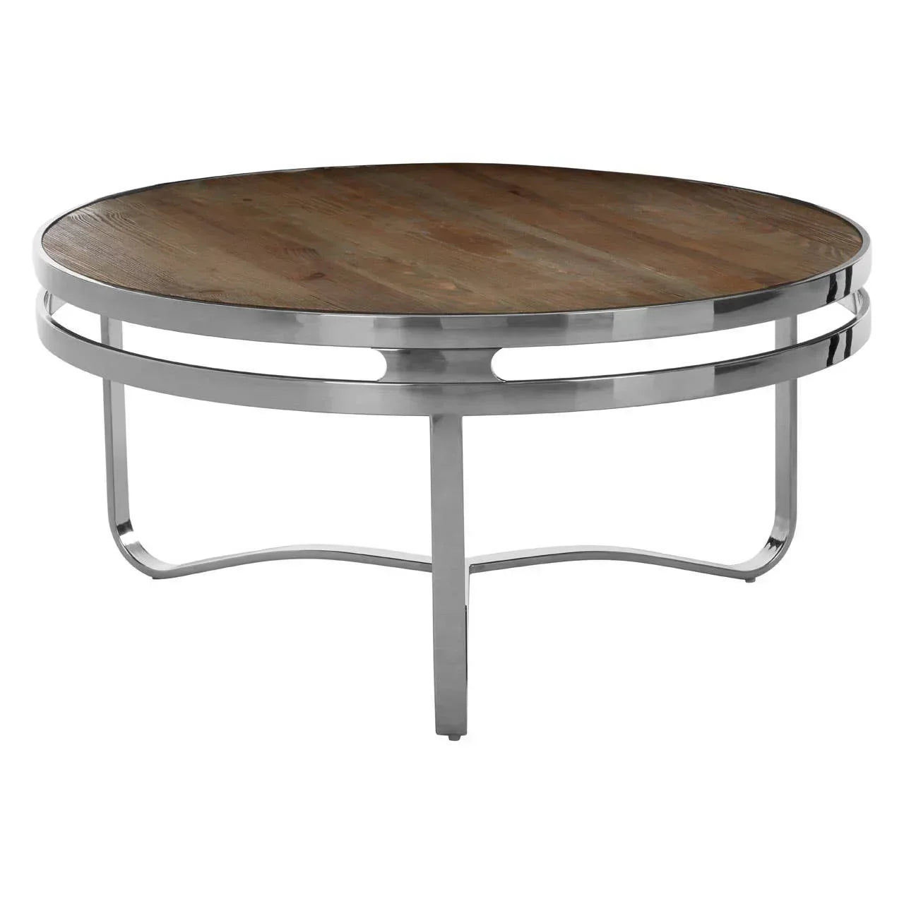 Round coffee table with wood top and chrome metal frame